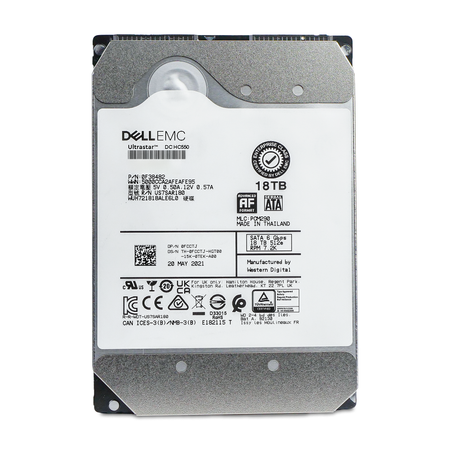 Front label of a Dell EMC WD Ultrastar DC HC550 18TB 7.2K SATA 6Gb/s 512e HDD, showing P/N 0F38482 and Dell DP/N 0FCCTJ