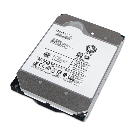 Tilted top view of a Dell EMC WD Ultrastar DC HC550 18TB 3.5-inch SATA hard drive with its label
