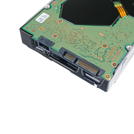 Close-up of the SATA power and data connectors on a Dell WD Ultrastar DC HC550 18TB 3.5-inch hard drive, showing the circuit board