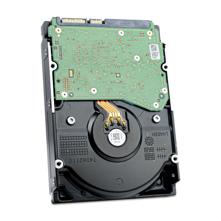 Dell HGST Ultrastar He10 10TB SATA hard drive, underside circuit board, drive slightly rotated