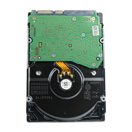 Dell HGST Ultrastar He10 10TB SATA hard drive, underside circuit board, straight-on