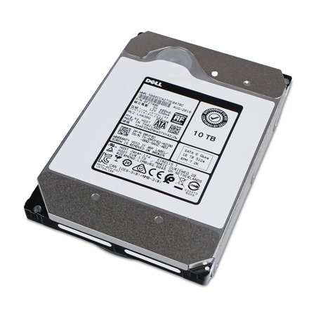 Dell HGST Ultrastar He10 10TB SATA hard drive, front label, drive lying at an angle