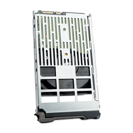 Dell G13 0RVFR2 10TB SATA hard drive in drive tray, underside circuit board through tray frame, drive slightly rotated