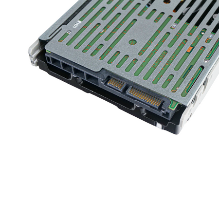 Dell G13 0RVFR2 10TB SATA hard drive in drive tray, close-up of the SATA data and power connector