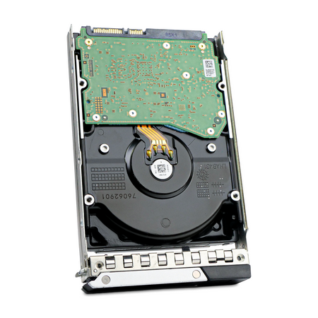 Dell G14 0RVFR2 10TB SATA hard drive in drive tray, underside circuit board, drive slightly rotated