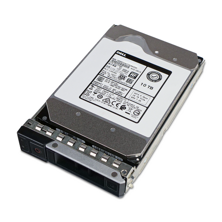 Dell G14 0RVFR2 10TB SATA hard drive in drive tray, front label and tray bezel, drive lying at an angle