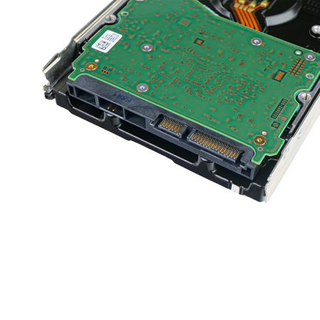 Dell G14 0RVFR2 10TB SATA hard drive in drive tray, close-up of the SATA data and power connector