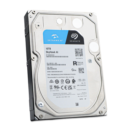Seagate SkyHawk AI 10TB 3.5" SATA hard drive ST10000VE001, angled front view showing label and model number