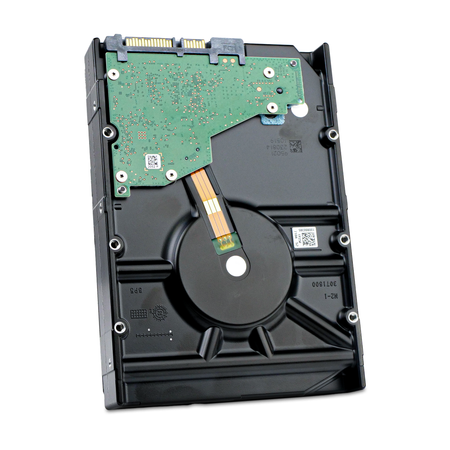 Back of Seagate SkyHawk AI 10TB 3.5" SATA surveillance hard drive, angled view showing green PCB and SATA connector