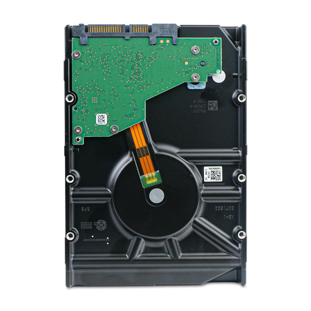 Rear of Seagate SkyHawk AI 10TB 3.5" hard drive showing PCB, SATA connector, and mounting holes