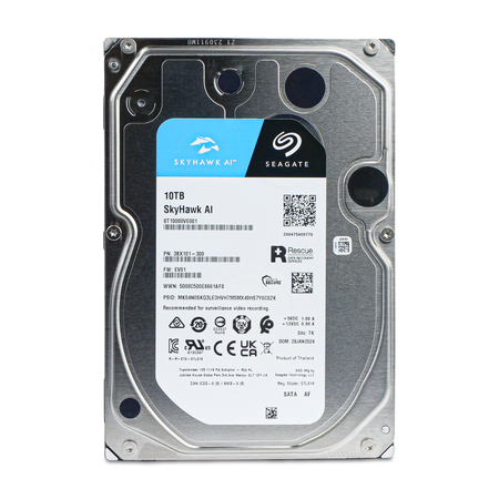 Front of Seagate SkyHawk AI 10TB 3.5" SATA surveillance HDD ST10000VE001 with label showing capacity and part number