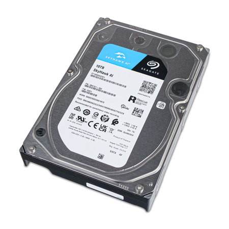 Seagate SkyHawk AI 10TB 3.5" SATA surveillance HDD ST10000VE001 lying flat, angled top view of label