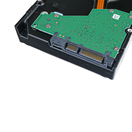 Close-up of Seagate SkyHawk AI 10TB hard drive SATA data and power connectors on green circuit board