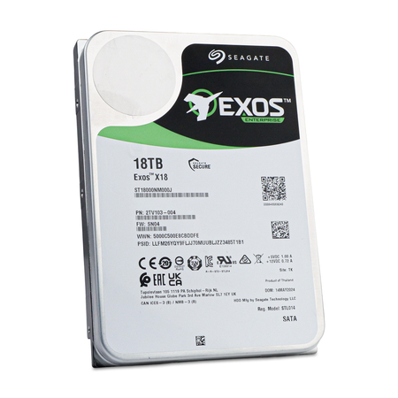 Seagate Exos X18 18TB 3.5" SATA hard drive ST18000NM000J, angled front view showing label and model number