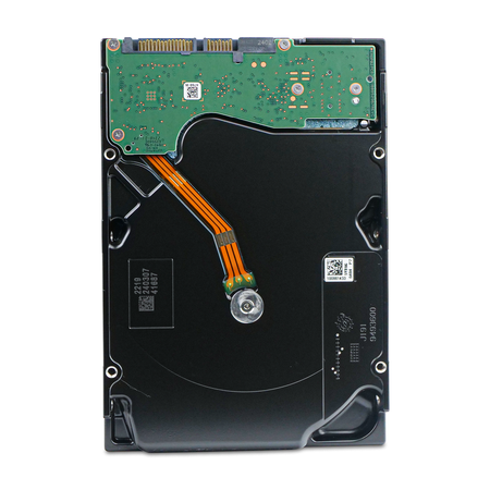 Rear of Seagate Exos X18 18TB 3.5" hard drive showing PCB, SATA connector, and mounting holes