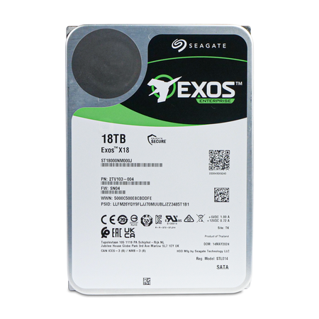 Front of Seagate Exos X18 18TB 3.5" SATA enterprise HDD ST18000NM000J with label showing capacity and part number