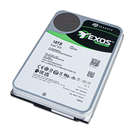 Seagate Exos X18 18TB 3.5" SATA enterprise hard drive ST18000NM000J lying flat, angled top view of label