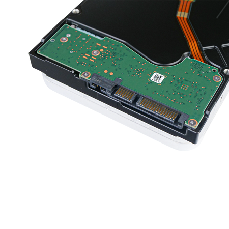 Close-up of Seagate Exos X18 18TB hard drive SATA data and power connectors on green circuit board