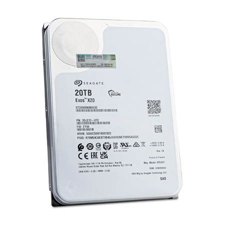 HP/Seagate Exos X20 ST20000NM003D 20TB 7.2K RPM SAS 12Gb/s 512e 256MB 3.5" HDD, Front Angled View