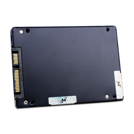 Micron 5100 ECO 1.92TB SATA SSD, rear cover with SATA connector and authenticity seals, drive slightly rotated