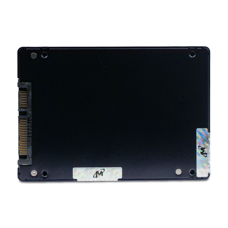 Micron 5100 ECO 1.92TB SATA SSD, rear cover with SATA connector and authenticity seals, straight-on