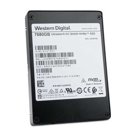 Western Digital Ultrastar DC SN200 HUSMR7676BDP3Y1 0TS1357 7.68TB U.2 NVMe 2.5in SSD, front label, slightly rotated