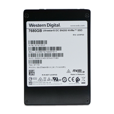 Western Digital Ultrastar DC SN200 HUSMR7676BDP3Y1 0TS1357 7.68TB U.2 NVMe 2.5in SSD, front label, straight-on