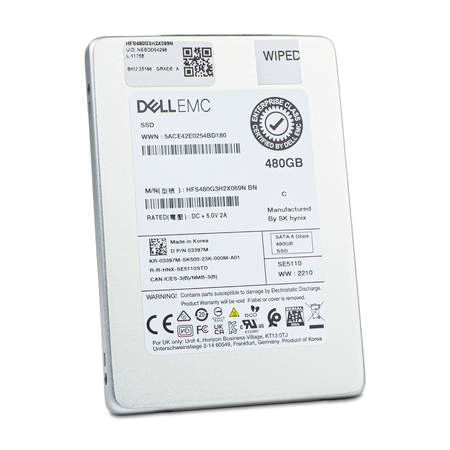 Dell/SK hynix SE5110 HFS480G3H2X069N 480GB SATA 2.5in SSD, front label, slightly rotated
