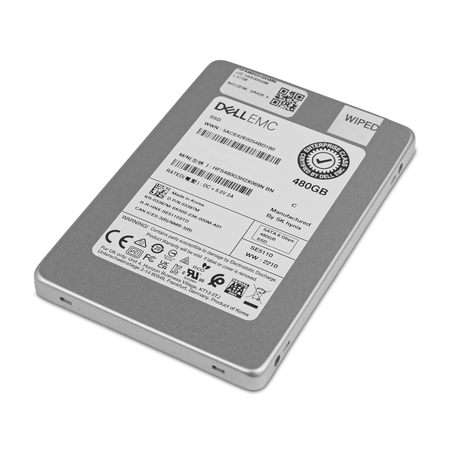 Dell/SK hynix SE5110 HFS480G3H2X069N 480GB SATA 2.5in SSD, front label, lying at an angle