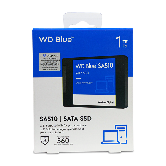Western Digital WD Blue SA510 1TB SATA SSD, front of retail box, straight-on