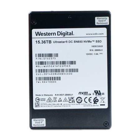 Western Digital Ultrastar DC SN650 15.36TB U.3 NVMe SSD, front label, straight-on