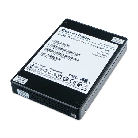 Western Digital Ultrastar DC SN650 15.36TB U.3 NVMe SSD, front label, drive lying at an angle