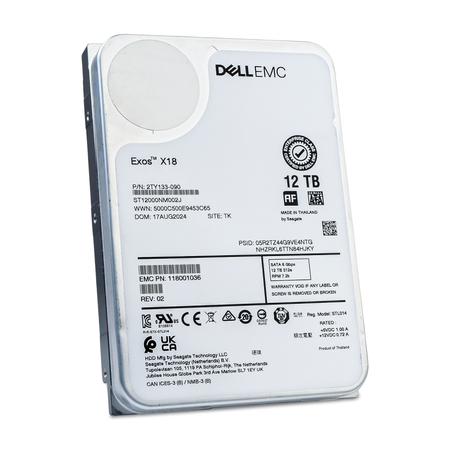Dell/Seagate Exos X18 ST12000NM002J 12TB 7.2K RPM SATA 6Gb/s 512e 3.5in HDD, front label, slightly rotated