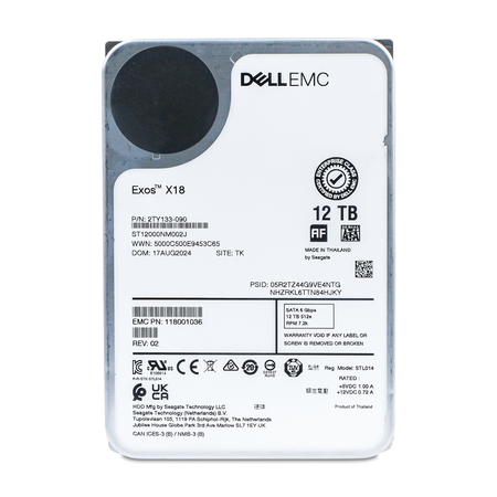 Dell/Seagate Exos X18 ST12000NM002J 12TB 7.2K RPM SATA 6Gb/s 512e 3.5in HDD, front label, straight-on