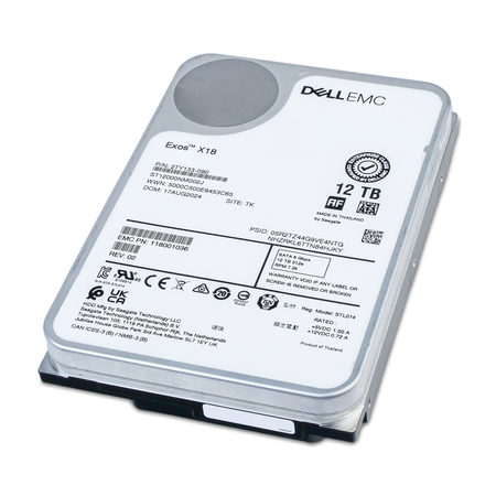 Dell/Seagate Exos X18 ST12000NM002J 12TB 7.2K RPM SATA 6Gb/s 512e 3.5in HDD, front label, lying at an angle