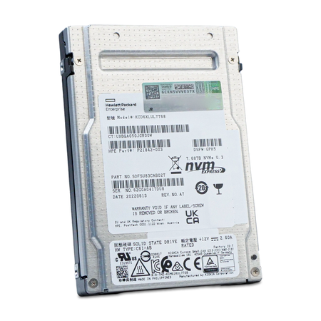 Kioxia CD6-R KCD6XLUL7T68 7.68TB U.3 NVMe SSD, front label, drive slightly rotated