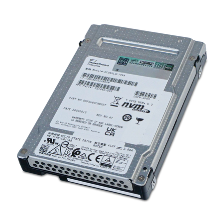 Kioxia CD6-R KCD6XLUL7T68 7.68TB U.3 NVMe SSD, front label, drive lying at an angle