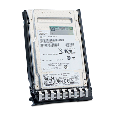 HP KCD6XLUL7T68 P21842-003 7.68TB U.3 NVMe SSD in drive tray, front label, drive slightly rotated