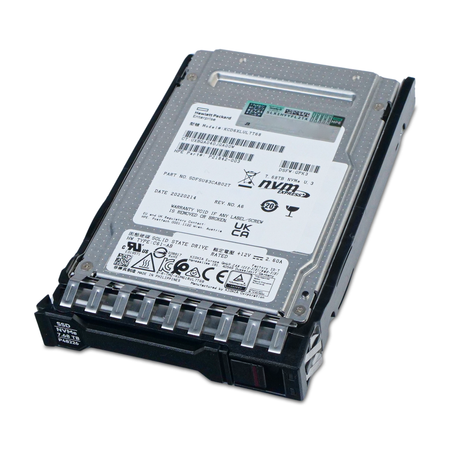 HP KCD6XLUL7T68 P21842-003 7.68TB U.3 NVMe SSD in drive tray, front label, drive lying at an angle