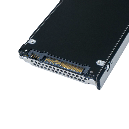 HP KCD6XLUL7T68 P21842-003 7.68TB U.3 NVMe SSD in drive tray, close-up of the U.3 connector