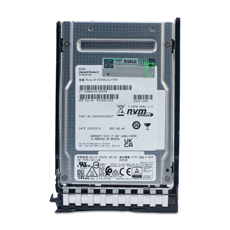 HP KCD6XLUL7T68 P21842-003 7.68TB U.3 NVMe SSD in drive tray, front label, straight-on
