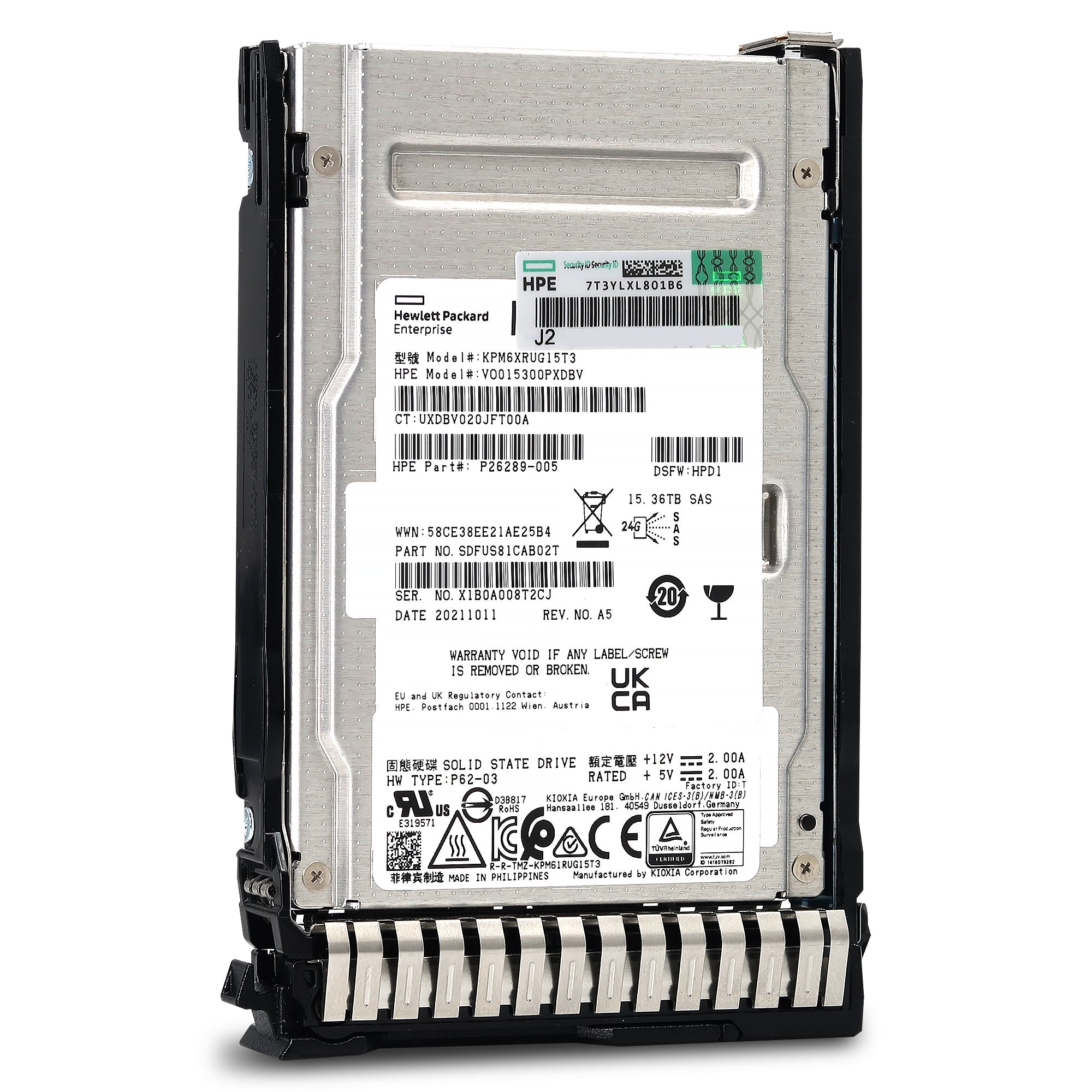 HPE PM6-R P26314-B21 KPM6XRUG15T3 15.36TB SAS 22.5Gb/s 3D TLC SIE 2.5in Solid State Drive Front View