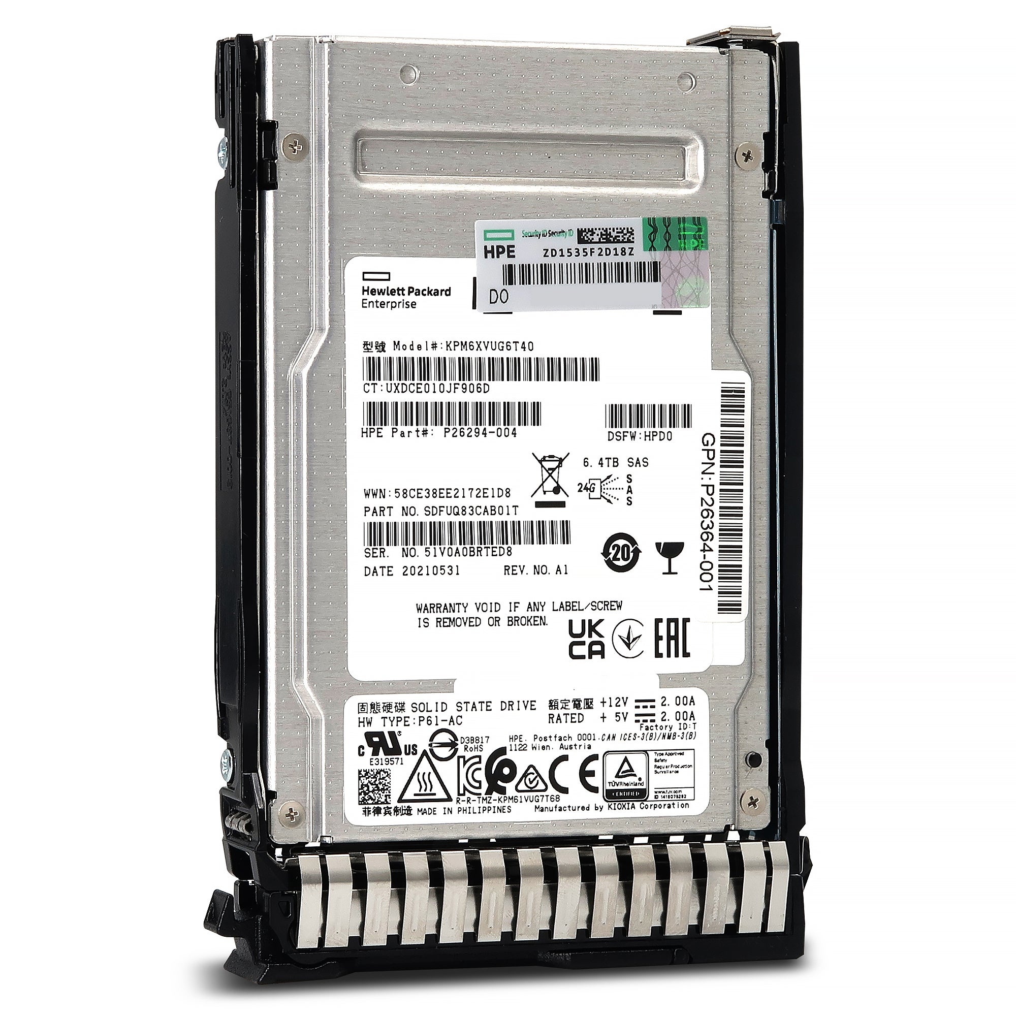 HPE PM6-V P40479-B21 KPM6XVUG6T40 6.4TB SAS 22.5Gb/s 3D TLC SIE 2.5in Recertified Solid State Drive - Front View