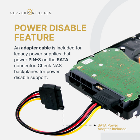Power Disable Feature infographic showing a SATA hard drive with the included SATA power adapter cable.