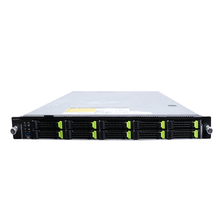 Gigabyte 1U rackmount server with ten drive bays, front view.