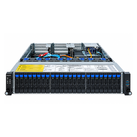 Gigabyte 2U rackmount server with 24 drive bays, top cover removed.