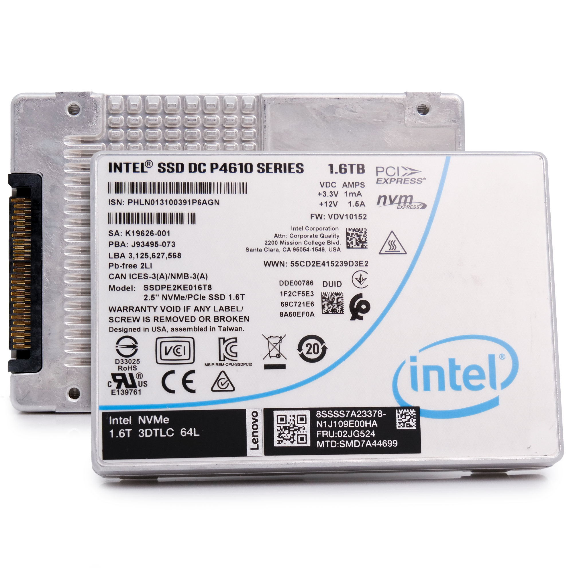 Intel/Lenovo P4610 SSDPE2KE016T8 1.6TB 3 DWPD U.2 PCIe Gen 3.0 x4 4GB/s Mixed Use 3D TLC 2.5in Recertified Solid State Drive