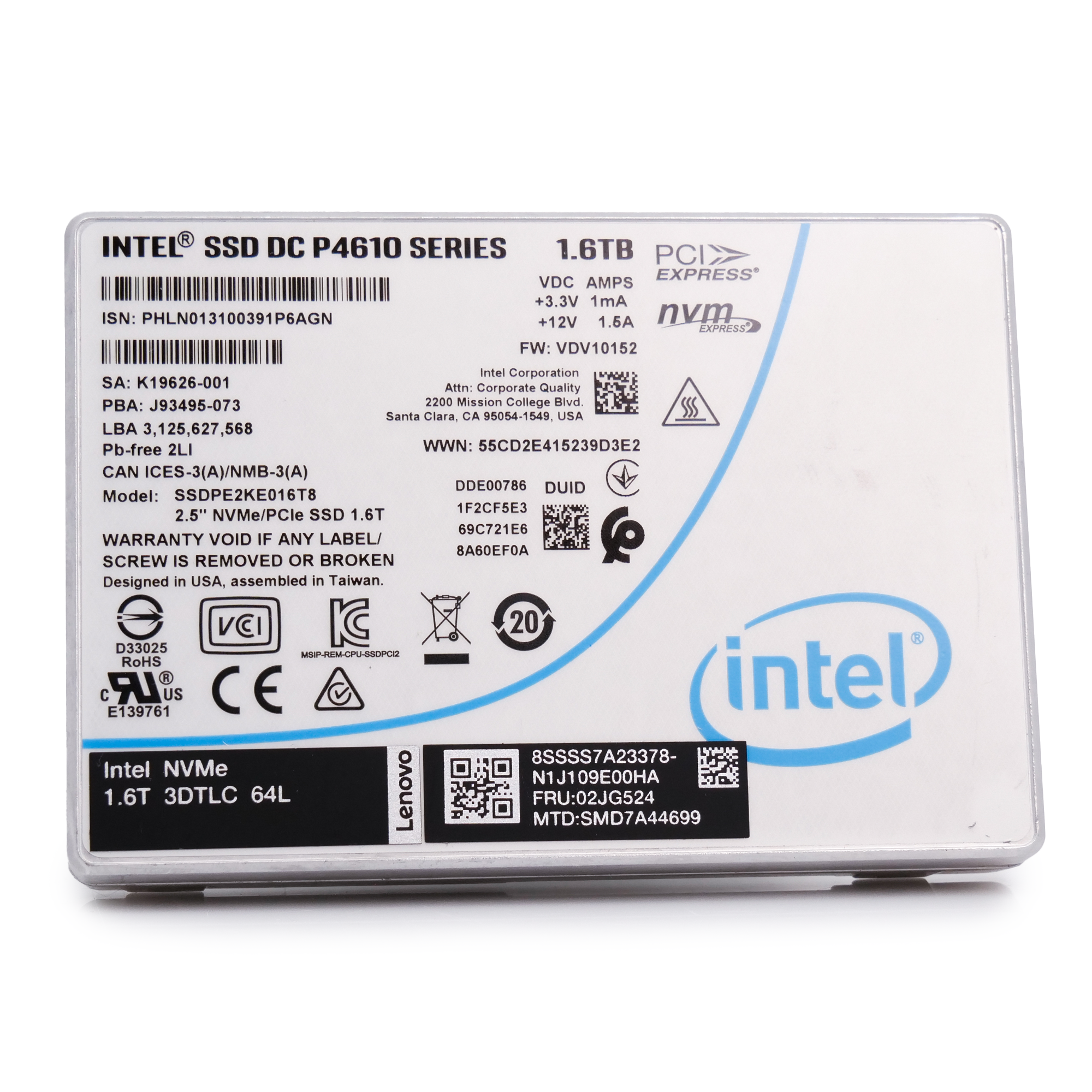 Intel/Lenovo P4610 SSDPE2KE016T8 1.6TB 3 DWPD U.2 PCIe Gen 3.0 x4 4GB/s Mixed Use 3D TLC 2.5in Solid State Drive