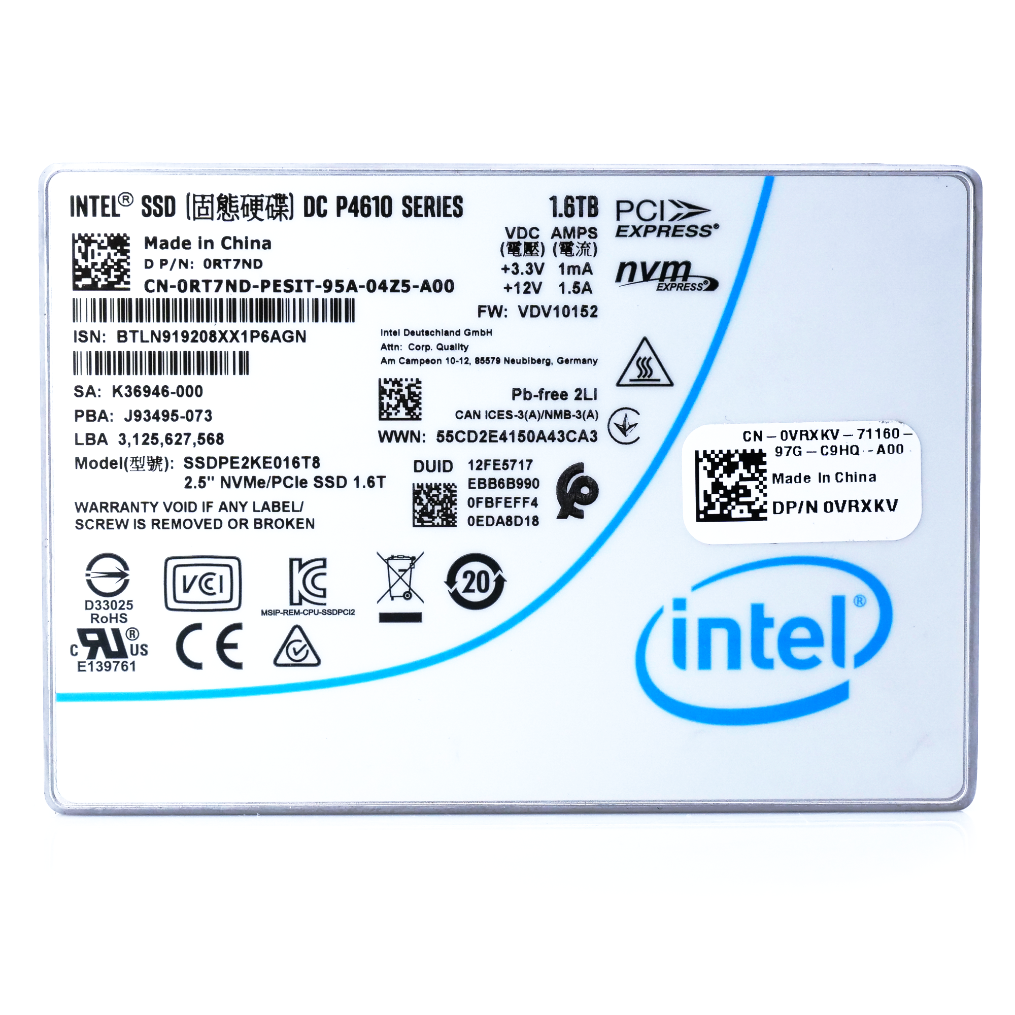 Intel P4610 SSDPE2KE016T8 1.6TB PCIe Gen 3.1 x4 4GB/s U.2 NVMe 2.5in Refurbished SSD