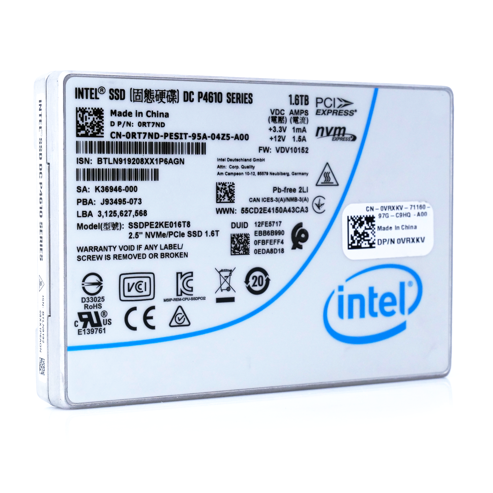 Intel P4610 SSDPE2KE016T8 1.6TB PCIe Gen 3.1 x4 4GB/s U.2 NVMe 2.5in Refurbished SSD